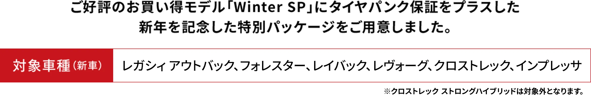 ご好評のお買い得モデル「Winter SP」にタイヤパンク保証をプラスした 新年を記念した特別パッケージをご用意しました。